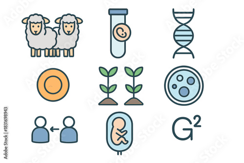 Cloning Icon Set. Flat icon set of Cloning: cloned sheep, test tube embryo, duplicated DNA, egg cell,
