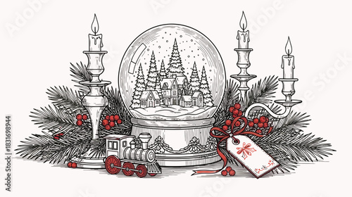Vintage christmas snow globe with candles and decorations