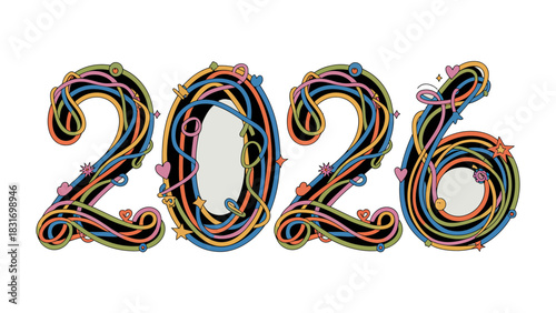 New Year's Eve 2026: An intricately designed display presents the numerals for the year 2026, embellished with colorful decorative elements in a celebratory fashion. 