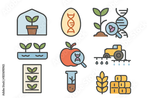 Agricultural Biotech Icons. Flat icon set of Agricultural biotech: greenhouse plant, modified seed, plant DNA