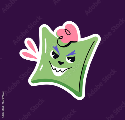 Abstract cartoon character with angry smile. Emoji with mischievous expression. Emoticon of naughty geometric shape. Sticker of crazy hooligan with grin on face. Flat isolated vector illustration