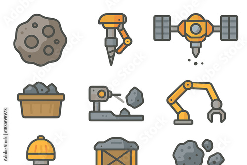 Space Mining Icon Set. Flat icon set of Space mining: asteroid rock, robotic drill, mining spacecraft, ore