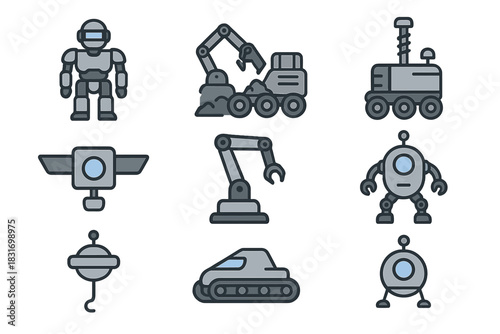 Space Mining Robots Icons. Flat icon set of Space mining robots: humanoid robot, mining rover, drilling bot,