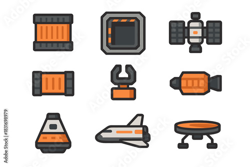 Cargo Transport Icons. Flat icon set of Cargo transport: mining container, docking bay, orbital freighter,