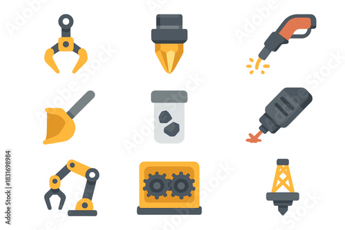 Extraction Tools Icons. Flat icon set of Extraction tools: robotic claw, diamond drill bit, plasma cutter,