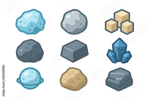 Asteroid Resource Icons. Flat icon set of Asteroid resources: water ice chunk, platinum nugget, nickel ore,