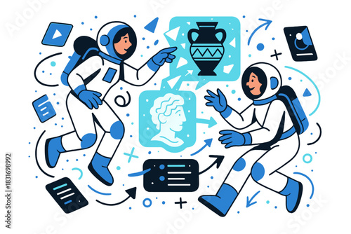 Astronauts Analyzing Artifacts. Digital excavation. Astronauts analyzing 3D holograms of ancient artifacts in