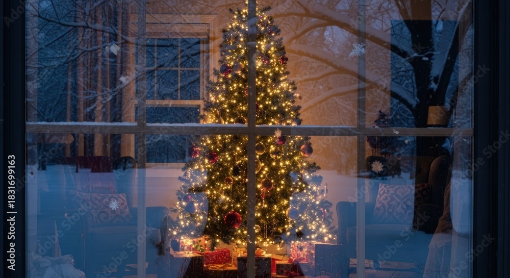 Fototapeta premium Beautifully lit christmas tree with colorful lights displayed in a window during the winter season