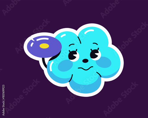 Thoughtful cloud listens to vinyl record. Cute emoji of character with thinking expression. Emoticon with pensive emotions on face. Puzzled sticker with disk. Flat isolated vector illustration
