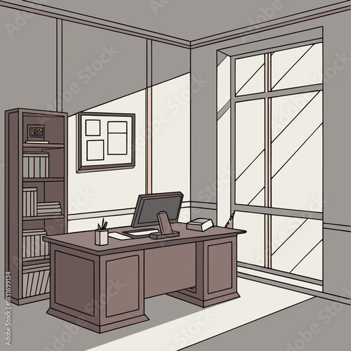 Modern office interior with desk computer bookshelf and large window professional workspace