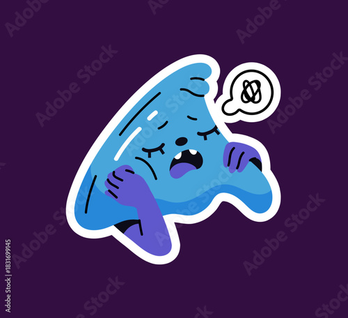 Emoji of asleep bored character with messy dreams in thought bubble. Cute emoticon of sleep and nap. Geometric shape with emotion of boredom, indifferent expression. Flat isolated vector illustration