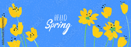Hello Spring banner with yellow flowers on blue background. Horizontal greeting card with floral pattern. Hand drawn simple tulips. Background for Mothers day, Easter