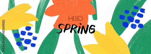 Hello Spring banner. Horizontal greeting card with flowers. Hand drawn simple tulips, leaves. Background for Mothers day, Easter