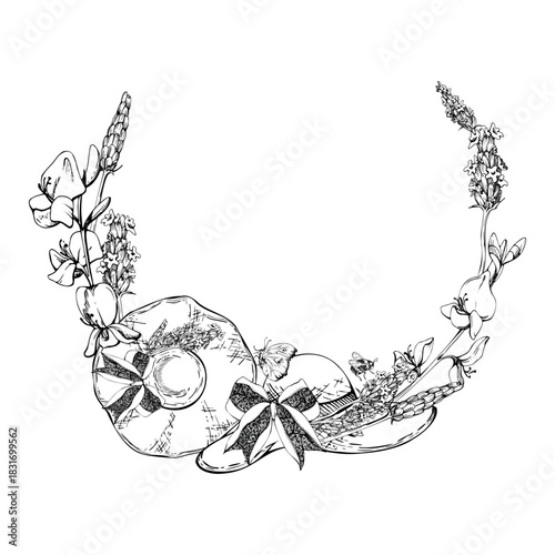 Lavender, ribbon bow, spartium flower stalks on natural straw hat. Isolated wreath frame illustration hand drawn in vector ink. Handmade accessories, floral branding, summer wedding invitations