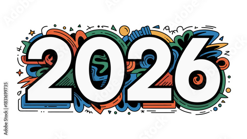 Vibrant Outlook: Artistic depiction of the year 2026, infused with bold colors, creative patterns, and a dynamic illustration style, offering a cheerful, hopeful view into the future.