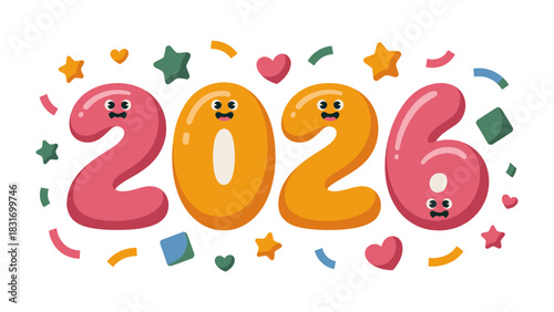 Celebration of New Year 2026: A vibrant and cheerful illustration presents the upcoming year in a whimsical style, surrounded by festive confetti and playful decorations.