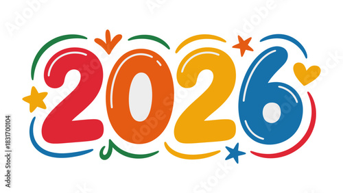 2026: A vibrant and colorful design that embraces the cheerful anticipation of the future, perfect for themes related to time, concepts, and celebrations