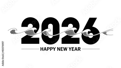 New Year 2026: Elegant, modern design for the upcoming New Year's celebrations, with stylized waves subtly integrated to symbolize the fresh start of a new calendar year.