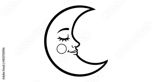 Elegant minimalist crescent moon face in black and white line art