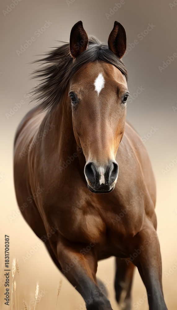 Fototapeta premium Elegant Thoroughbred Horse Portrait Under Dramatic Lighting, Showcasing Strength and Beauty.