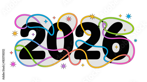Vibrant New Year: A graphic celebrating the arrival of 2026, interlaced with colorful ribbons and star-shaped accents, represents a joyful and optimistic beginning.