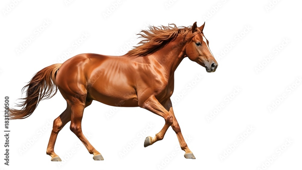 Naklejka premium Beautiful chestnut horse running isolated on white background with flowing mane and tail