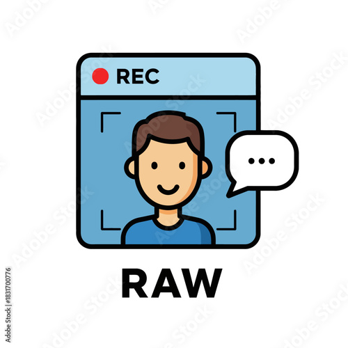 Simple Raw Video Recording Icon with Person and Speech Bubble.