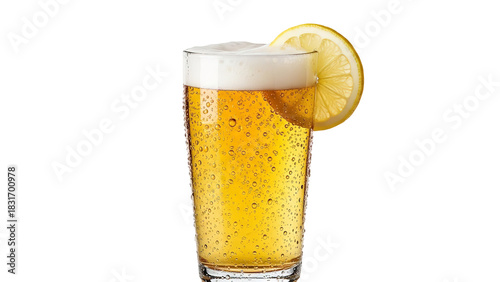 Refreshing beer with lemon slice in a glass showcasing condensation and golden color against a perfect for summer promotions on transparent background