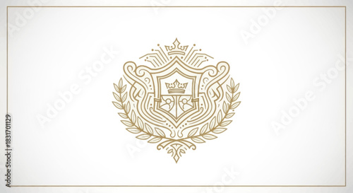 Elegant crest emblem with crown and shield surrounded by laurel leaves in gold line art
