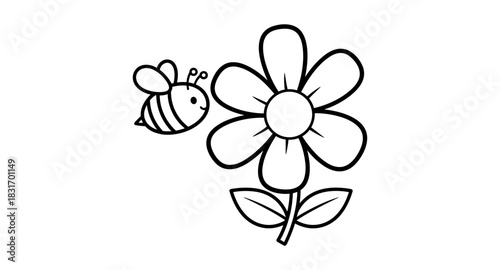 Cute bee approaches flower in simple line art design
