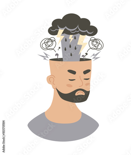 Mental Health. Sad Unhappy Man with Rain Cloud, Thunderstorm with Lightning and Tangled Thoughts from his head. Symbolizes emotional pain, confusion, Depression and Stress. Vector Illustration. Not AI