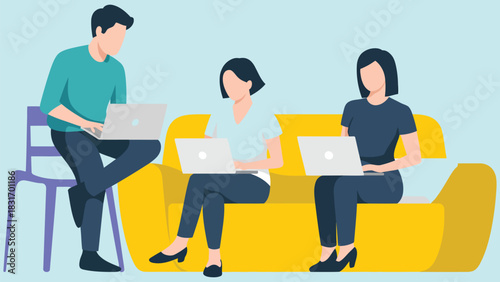 Team of people working together on laptops while sitting indoors
