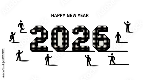 New Year 2026: A cheerful design for the upcoming year 2026, where silhouetted figures express their anticipation. A festive and optimistic graphic for New Year celebrations.
