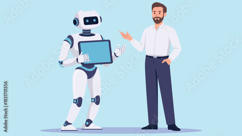 Human communicating with friendly robot holding digital tablet
