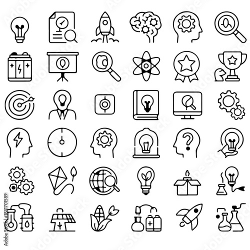 Diverse array of science and technology related icons representing concepts and ideas. The image includes different design icon