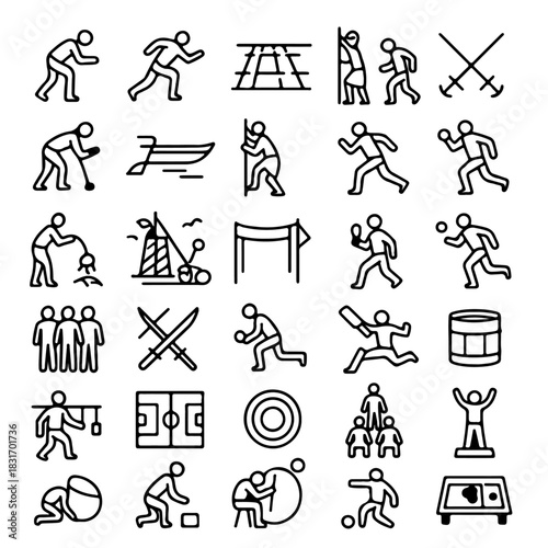 Sports icons depicting diverse activities. The icons are drawn in a simple, minimalist style, creating an appealing aesthetic