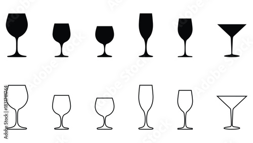 Set of various drinking glass silhouettes and outlines for beverages
