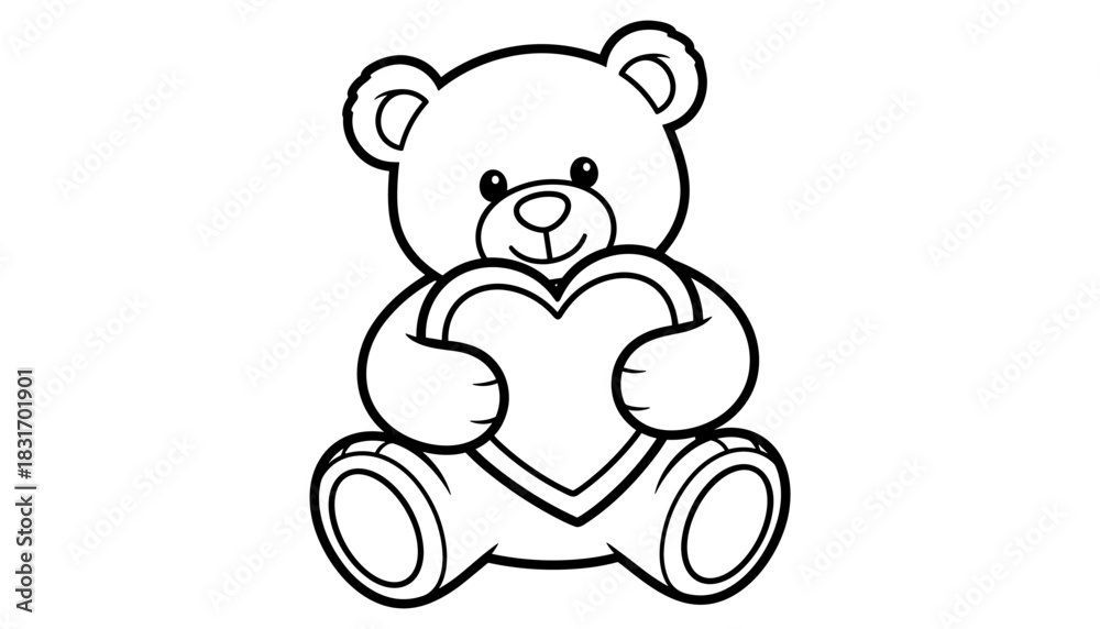 Fototapeta premium Adorable teddy bear holding heart in black and white drawing for kids