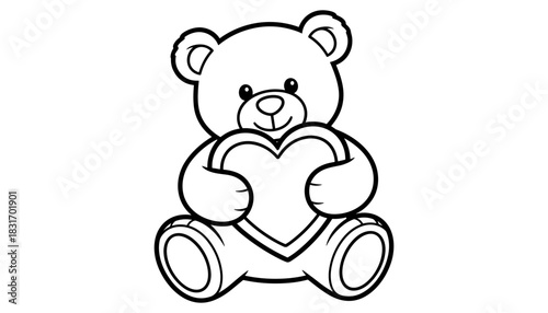 Adorable teddy bear holding heart in black and white drawing for kids