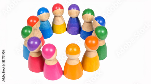 Strategy teamwork collaboration planning solution meeting goal success innovation brainstorming circle of colorful wooden peg people forming collaborative meeting to plan creative solution