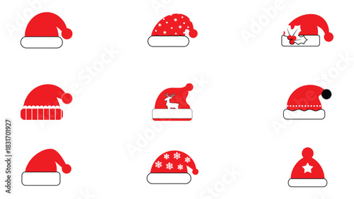 Collection of festive santa hats in various red holiday designs
