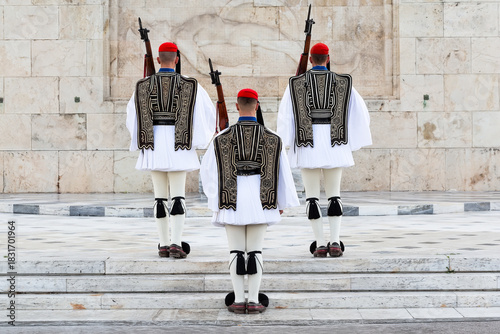 Quadro em tela Three members of the Presidential Guard soldiers (evzones) in the city center of the Greek capital, Athens, Greece