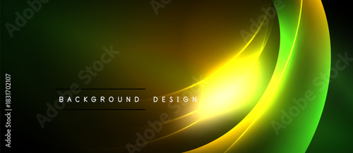 Abstract background features vibrant green, yellow gradients. Smooth curves create dynamic visual effect. Dark space surrounds bright central design.