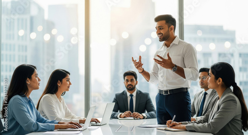 Indian Business Professionals Discuss Ideas in Modern Office Meeting