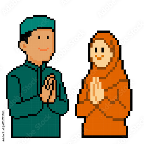Pixel art Muslim couple praying illustration