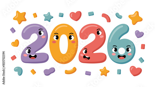 New Year 2026 Celebration: A cheerful and vibrant cartoon illustration of the number 2026, surrounded by confetti and charming stars and hearts.
