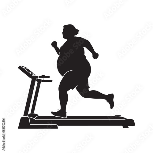 Silhouette of a Plus-Size Person Running Vigorously on an Electric Treadmill.
