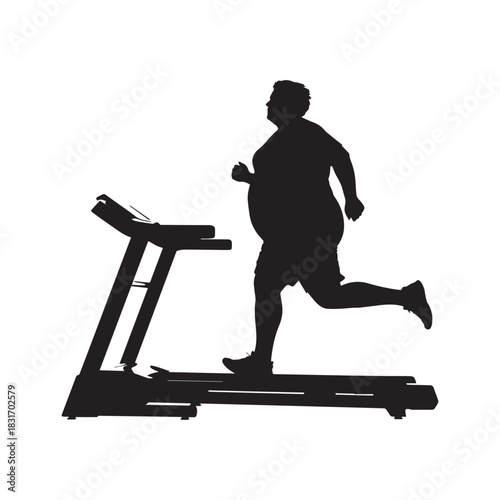 Silhouette of a Plus-Size Person Running Vigorously on an Electric Treadmill.