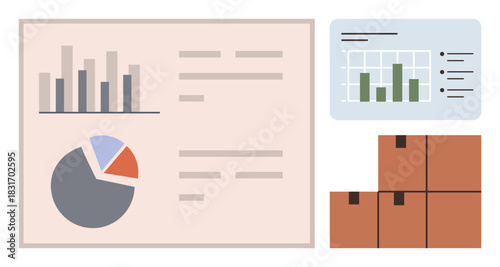 Bar and pie charts with analytics, stacked cardboard boxes, grid data visuals. Ideal for logistics, supply chain, data analysis, reporting, management storage and business. Simple flat metaphor