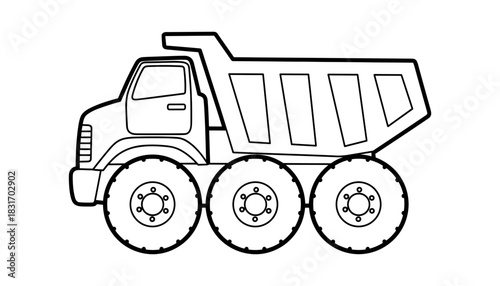 Outline of a dump truck with six wheels for kids' coloring activities